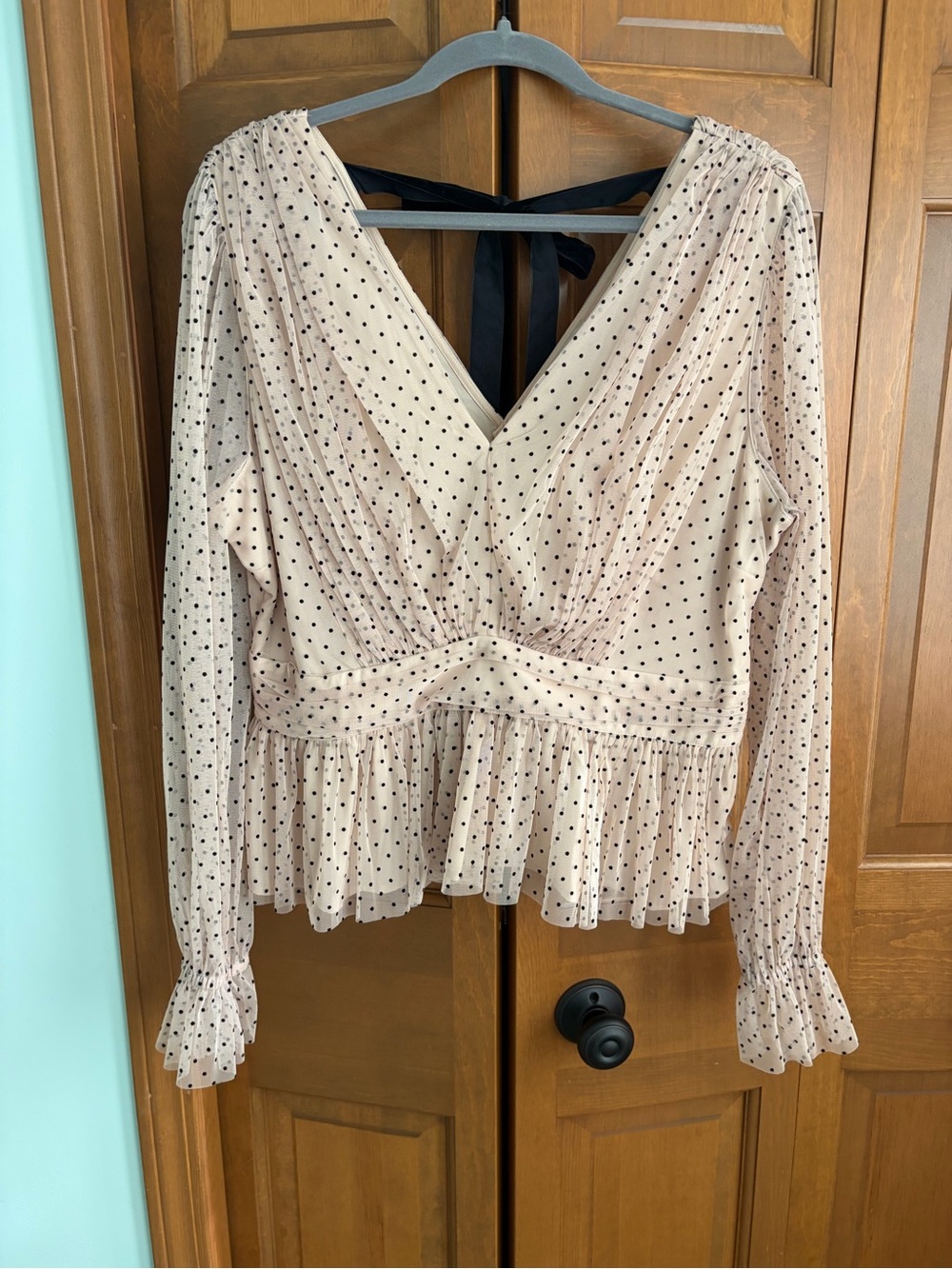 LOFT Polka Dot V-Neck Long Sleeve Peplum Top in Blush